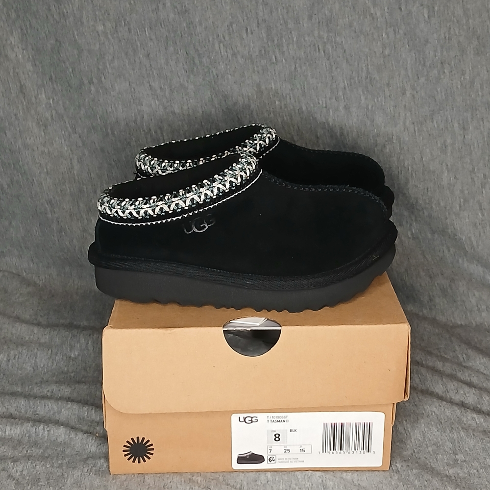 UGG T Tasman II 8t Black Suede Slippers with Knit Trim